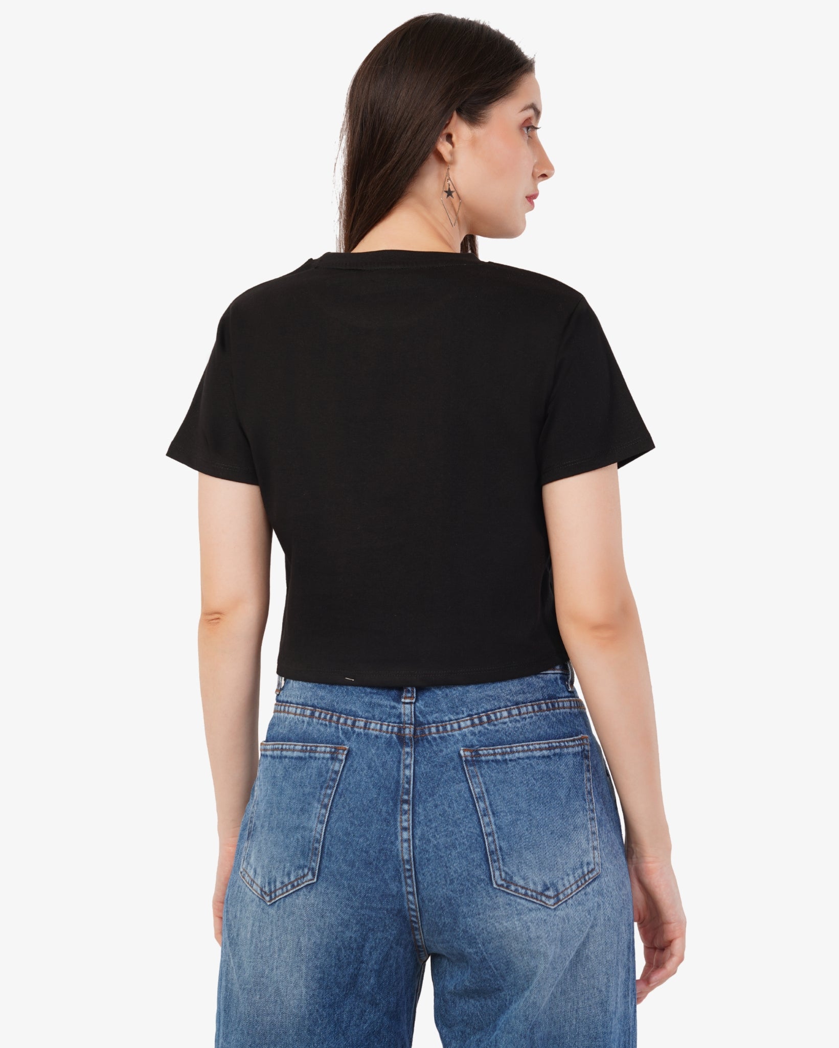 T-shirt femme en coton noir imprimé coupe courte