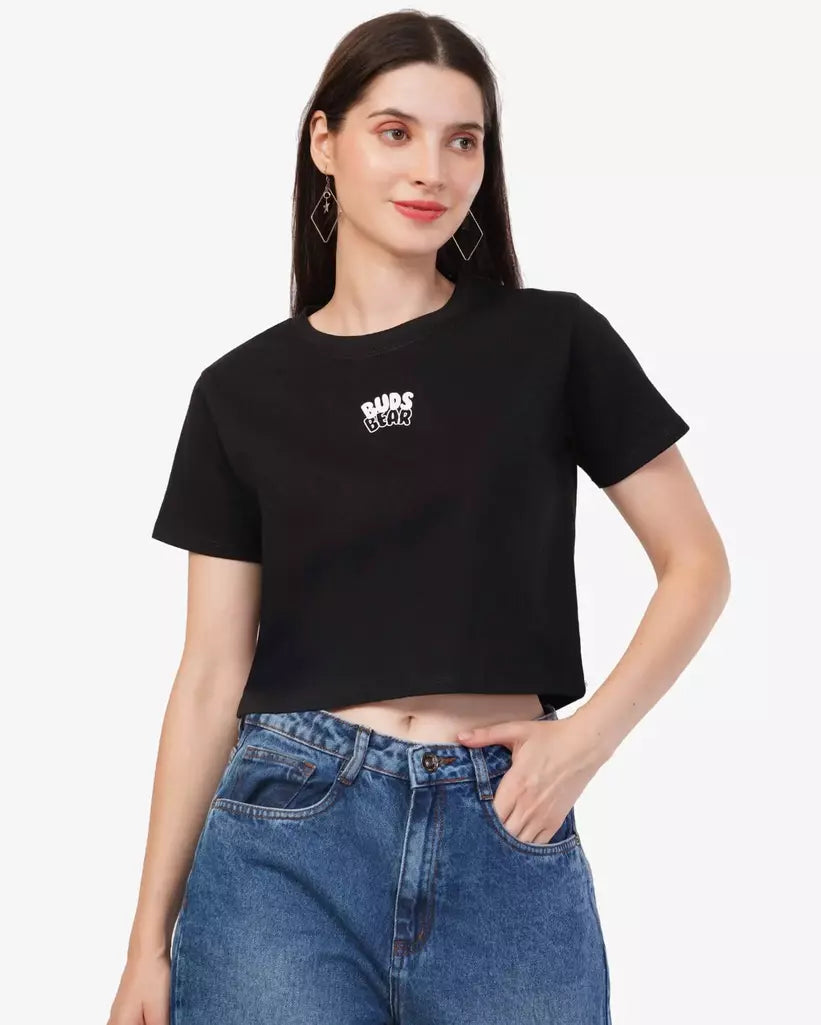 T-shirt femme en coton noir imprimé coupe courte