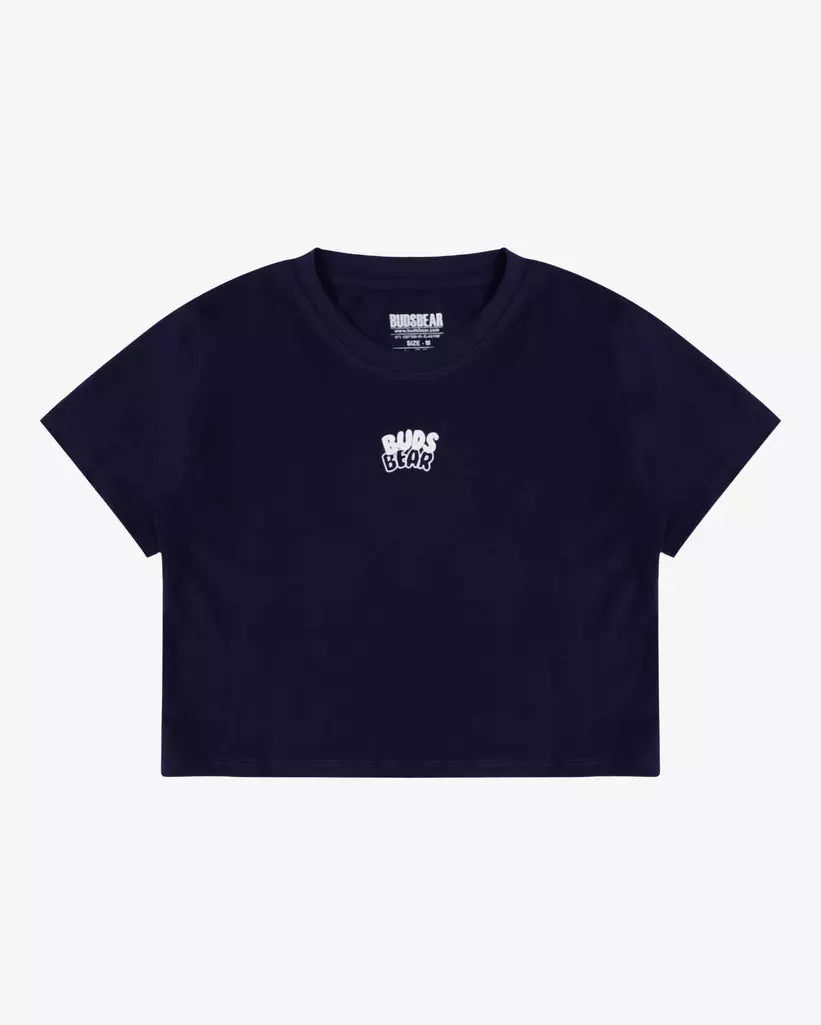 CROP-FIT COTTON NAVY BLUE TOP WITH LOGO ARTWORK