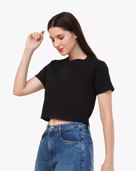 Crop Fit Black Cotton Women's T-Shirt
